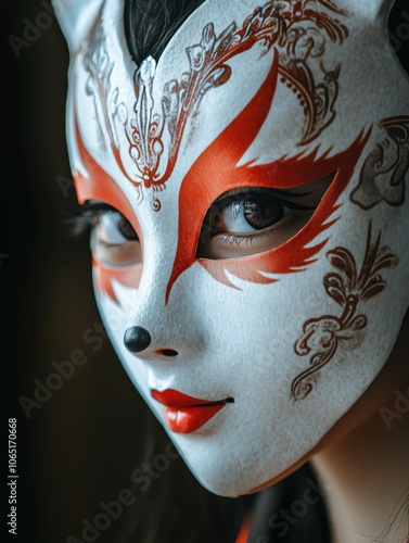 Close-up of a woman wearing a traditional fox mask, showcasing intricate designs and vibrant colors. photo