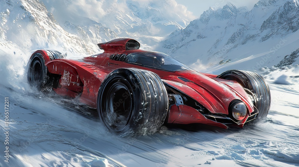 Fototapeta premium Red Race Car Drifting Through Snowy Mountains