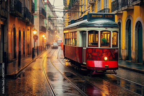 A red tram on a rainy street in Lisbon.