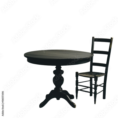 round black table with decorative pedestal base and matching black chair stands elegantly. simplicity of design adds touch of sophistication to any space photo