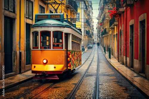Tram traveling down a narrow street.