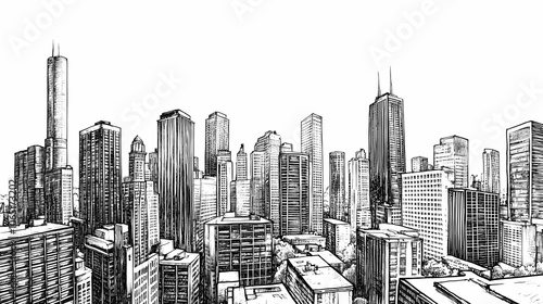 A black and white detailed top view sketch of city with skyscrapers