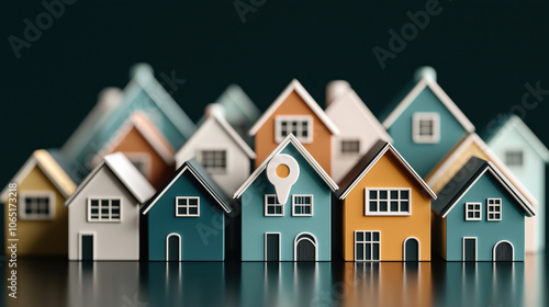 Wallpaper Mural Illustration of colorful miniature houses with a location pin symbol on one house, representing real estate or property search. Torontodigital.ca