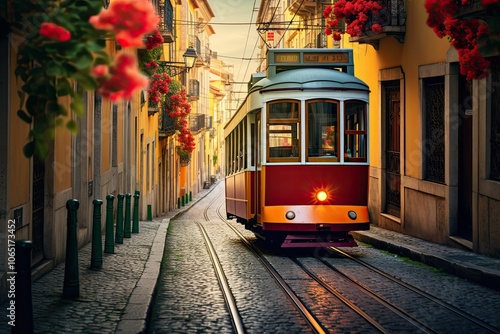 Red tram ascends cobblestone street in Lisbon.