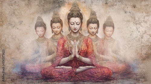Goddess Gayatri with Five Heads - Gayatri Devi with her five faces, symbolizing the five elements, seated in a tranquil space maa gayatri photo