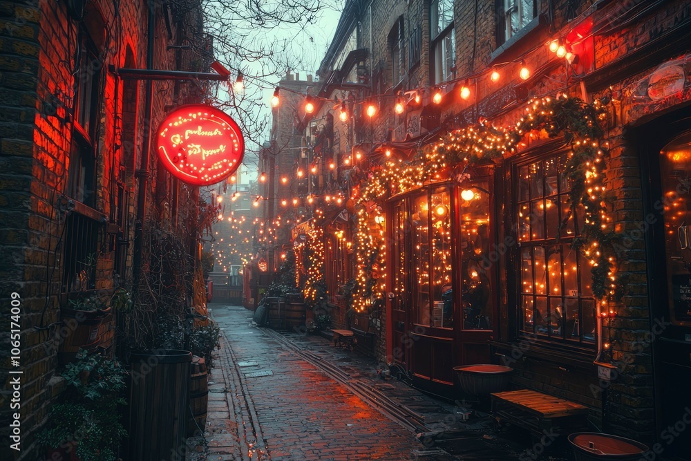 Obraz premium Cozy Pub Alleyway Illuminated by String Lights