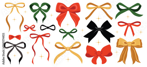 Vector illustration of christmas vintage bow set. Bows for hair decor. Trendy girls accessories. Cute hairstyle elements collection. Coquette, ribbons. Wedding invitation, party. New year decoration