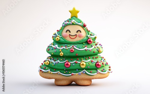 Wallpaper Mural 3D Christmas tree cookie character with green frosting, colorful sprinkle ornaments, and a cheerful expression, bright and festive on a white background  Torontodigital.ca