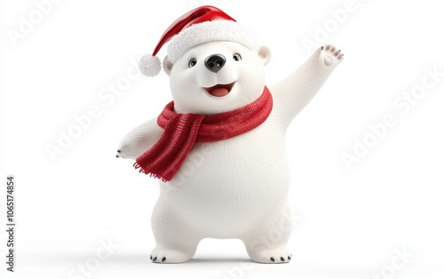 3D festive polar bear character with a red scarf and Santa hat, playful and friendly expression, glossy and cute on a white background photo