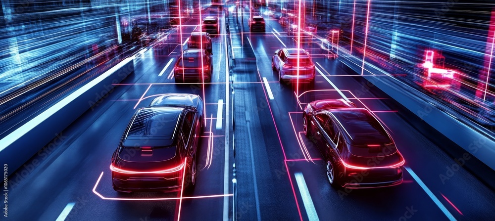 Self-Driving Cars on Highway with Smart Technology, Vehicle Communication, Advanced Safety Features Self-Driving Cars on Highway with Smart Technology, Vehicle Communication, Advanced Safety Features
