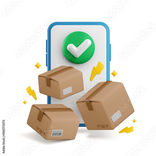 Vector cartoon 3d smartphone with green yes check mark button and flying cardboard boxes. Cute minimal realistic 3d render approved parcel delivery, fast logistics, successful order received concept.