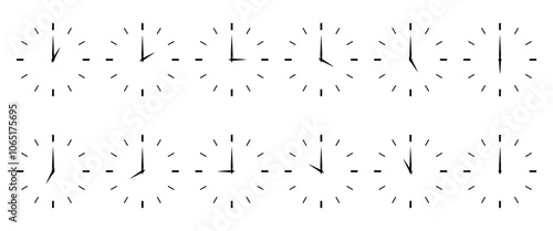 Set of clock icons. Time, stopwatch, clock. The hour hand shows 12 different full hours. Minimalistic style.