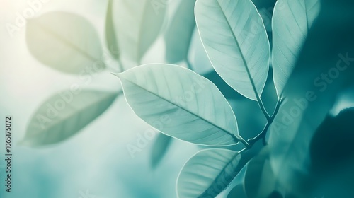 Overlapping Tropical Leaves in Soft Pastel Blue and Green Tones