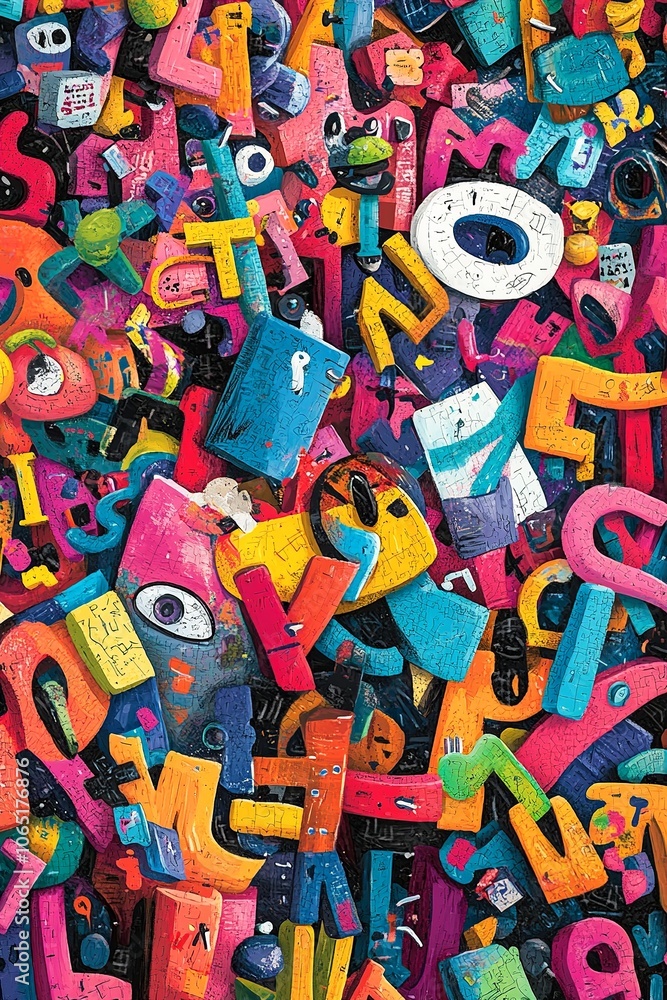 Obraz premium This dynamic book cover features a chaotic mix of colorful letters scattered across the page, intertwined with illustrations of puzzle pieces and whimsical characters enjoying word search challenges. 