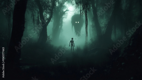 A dark, eerie forest scene with dense trees and hanging moss. In the center of the image, there is a silhouette of a humanoid figure standing on a path