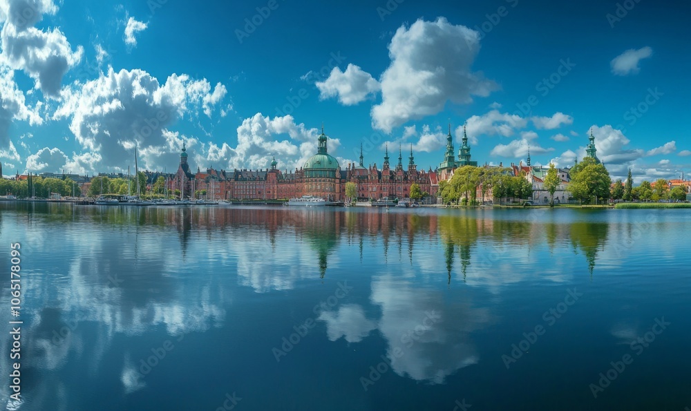 Obraz premium Frederiksborg Castle, in the town of Hillered on Lake Slotsse. Panorama. Denmark. XVI century. Copenhagen, Denmark, Europe
