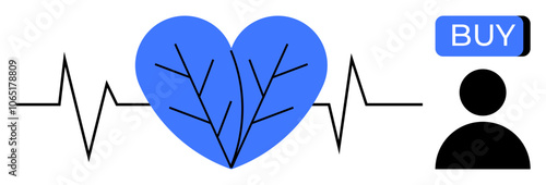 Heart rate signal merging into a blue heart with branch-thumbs up lines, accompanied by a simplified figure and BUY button. Ideal for medical, health, e-commerce, technology, fitness, telehealth