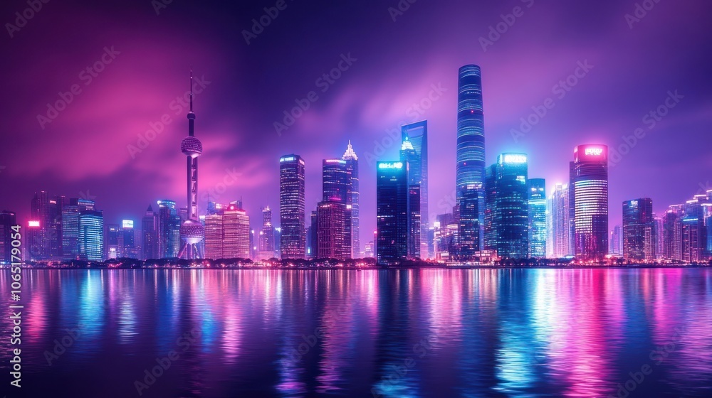 Fototapeta premium A vibrant city skyline at night, lights reflecting in the water