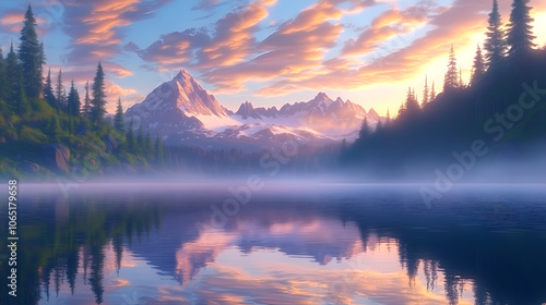 Majestic mountains reflected in a tranquil lake at sunrise with pink sky creating a serene wellness atmosphere