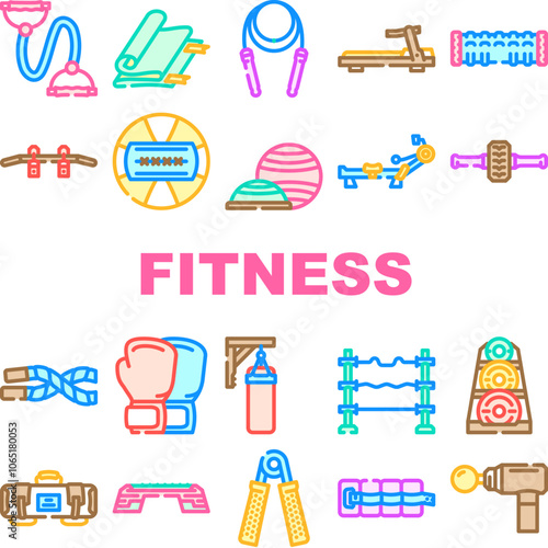 fitness tool dumbbell kettlebell icons set vector. barbell resistanceband, jumprope yoga, mat foamroller, medicineball pullup fitness tool dumbbell kettlebell color line illustrations