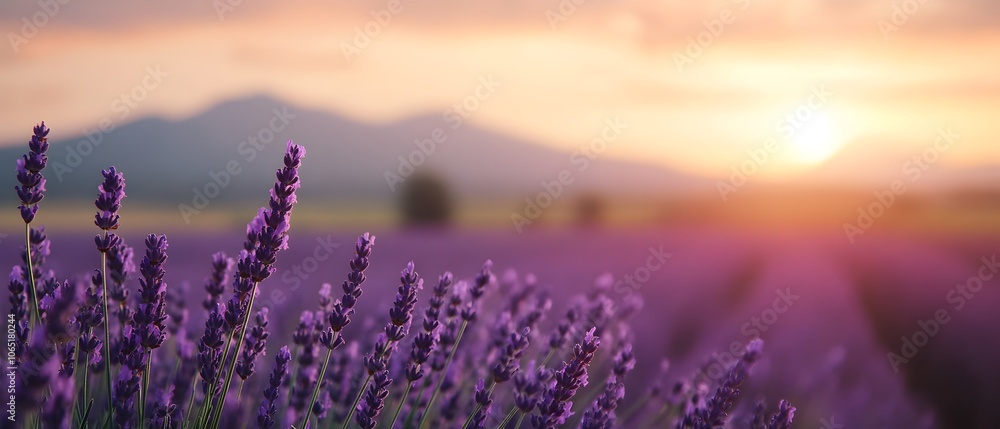Obraz premium Vibrant purple lavender fields stretch across the rolling landscape bathed in the warm golden glow of a serene sunset Distant mountains loom on the horizon