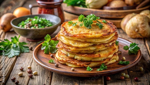 Crispy Potato Pancakes with Parsley - Panoramic View - Food Photography photo