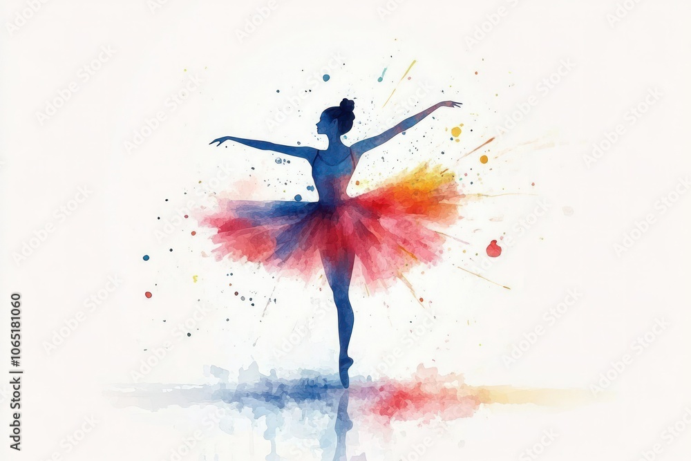 Obraz premium Ballerina in Colorful Tutu Dancing with Splashes and Sparks - Vector Watercolor Painting with Flat Design and Pastel Colors on White Background