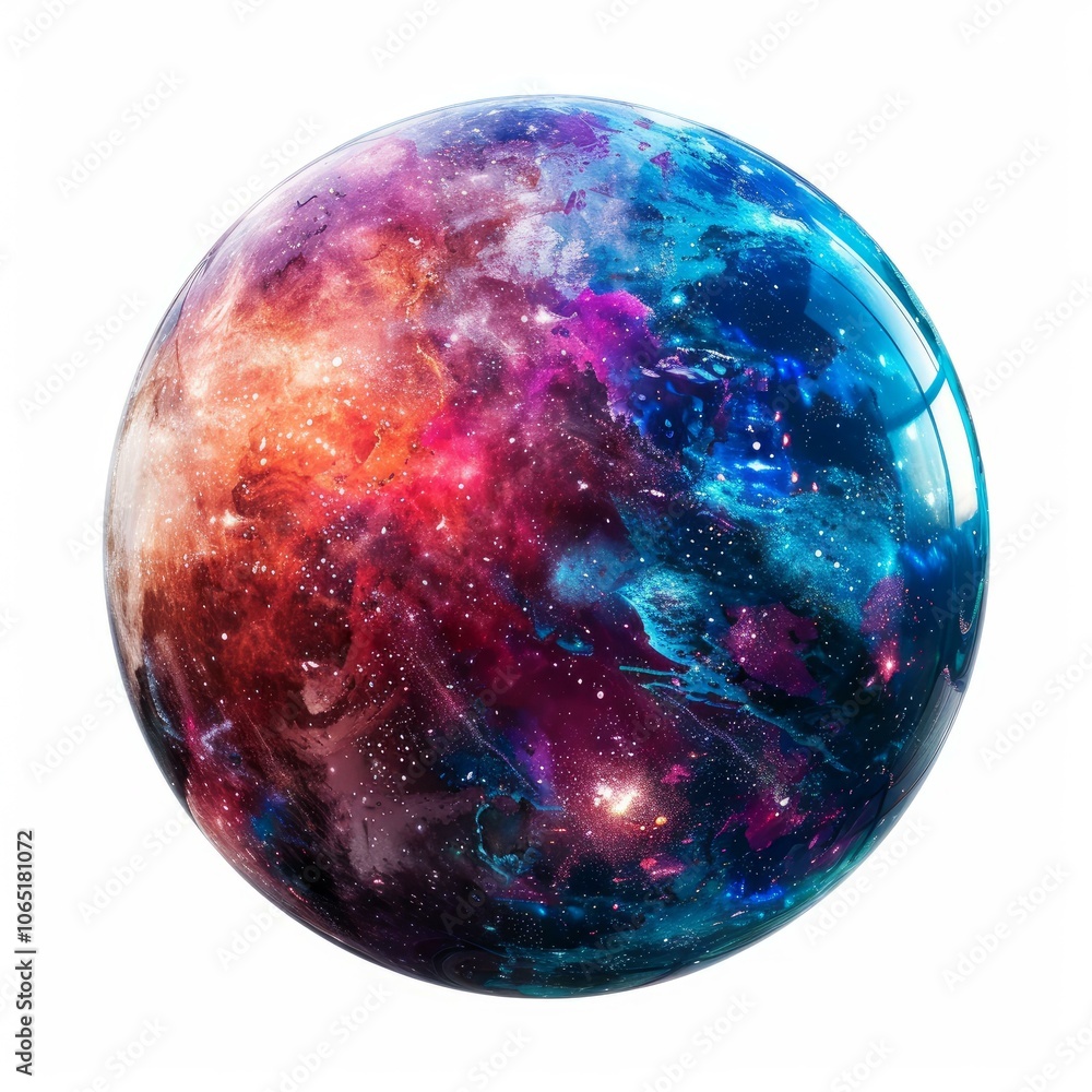 Fototapeta premium Abstract image of a small planet showing colorful universe inside reflecting on surface on white background