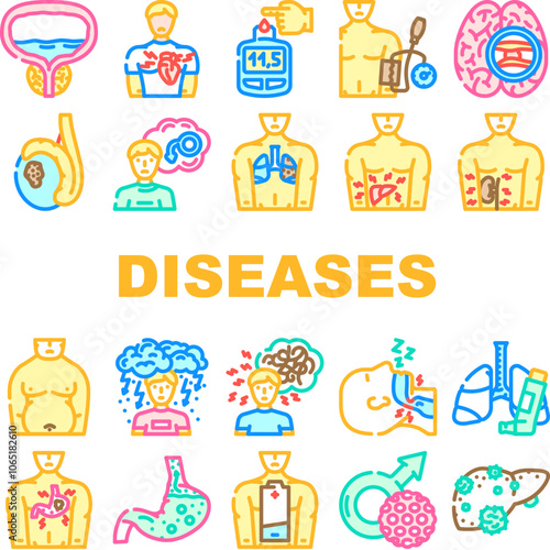 men diseases prostate cancer icons set vector. diabetes hypertension, obesity depression, heart stroke, erectile osteoporosis men diseases prostate cancer color line illustrations