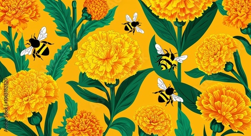 Golden marigold patch illustration with bees buzzing and bright colors