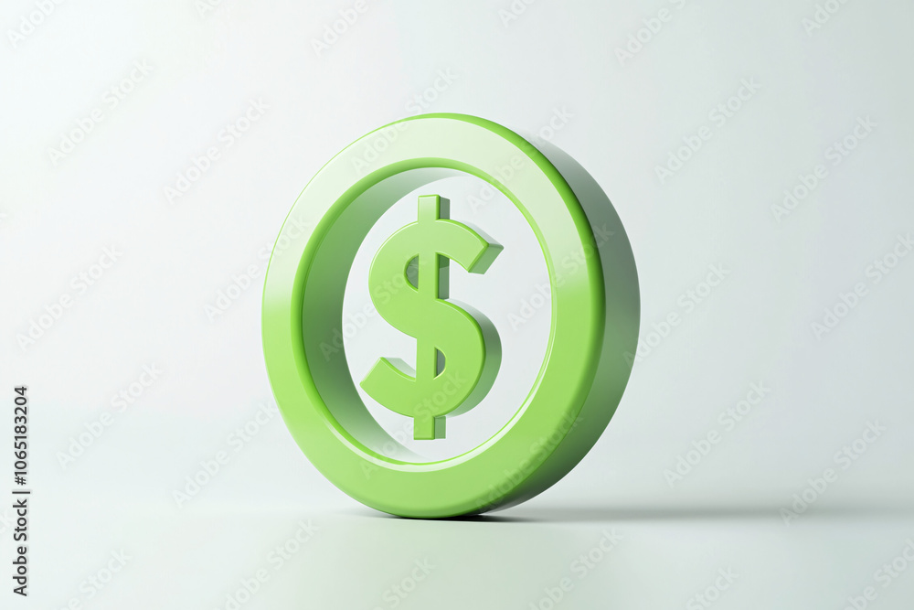 Obraz premium A 3D dollar sign icon in green on a clean white background symbolizing money, finance, and economic growth with a minimalist style 