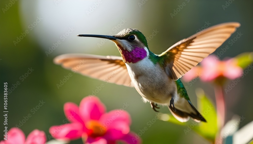 Fototapeta premium Close-up of a female hummingbird with iridescent green and pink feathers hovering in a garden
