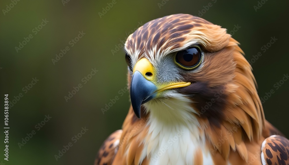 Naklejka premium close-up portrait of a hawk with a sharp beak, piercing eyes, blurred green background