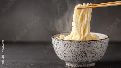 A steaming bowl of udon noodles with chopsticks lifting a strand of noodles.