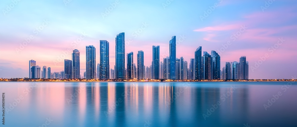 Obraz premium Sleek skyline of skyscrapers with glass and steel towers reflecting the glowing lights at dusk in the modern bustling city Capturing the beauty and energy of the contemporary metropolitan landscape