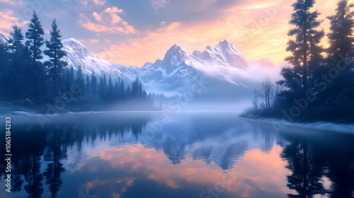 Majestic mountains reflected in a tranquil lake at sunrise with pink sky creating a serene wellness atmosphere