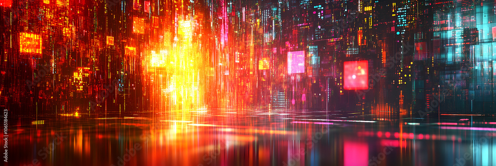 Fototapeta premium Glowing digital data landscape with bright lights representing data transfer and futuristic technology concept background