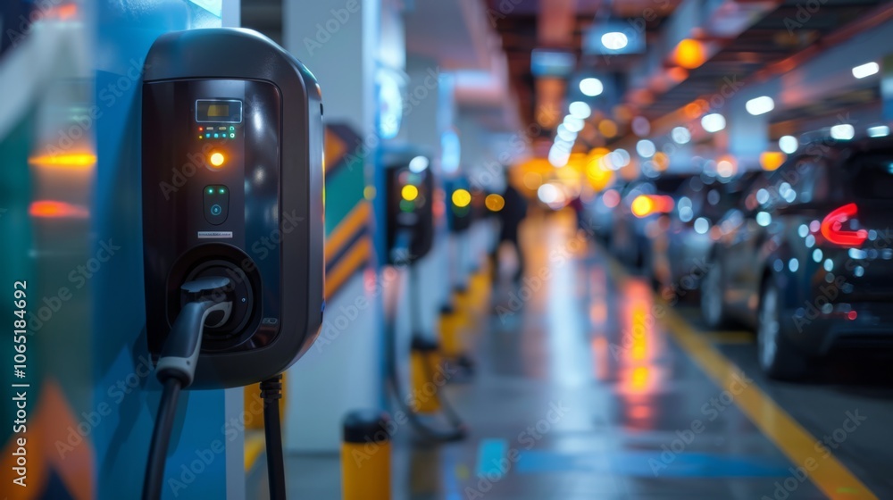 Network of electric vehicle charging stations in a shopping mall parking lot, facilitating green transportation, shoppers in the background Network of electric vehicle charging stations in a shopping mall parking lot, facilitating green transportation, shoppers in the background