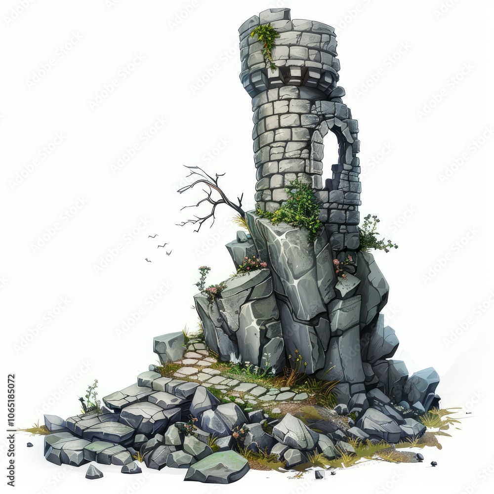 Fototapeta premium Ancient stone tower standing on rocks with broken path leading to it, symbolizing loneliness, decay and abandonment