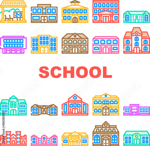 school building gymnasium icons set vector. classroom library, auditorium cafeteria, laboratory playground, hallway, entrance school building gymnasium color line illustrations