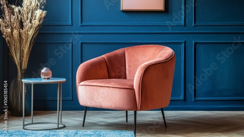 Cozy Modern Living Room with Stylish Coral Armchair and Blue Wall photo