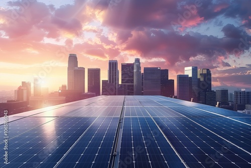 A breathtaking sunset illuminates a field of solar panels with a bustling city skyline in the background, exemplifying the fusion of renewable energy in a modern urban environment.