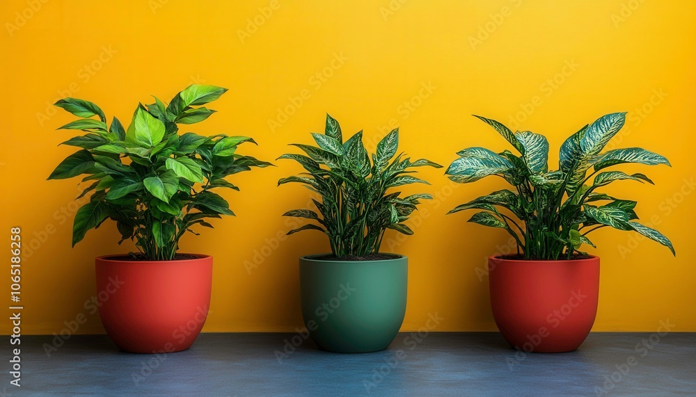 Fototapeta premium Vibrant Potted Plants Against Colorful Wall Background