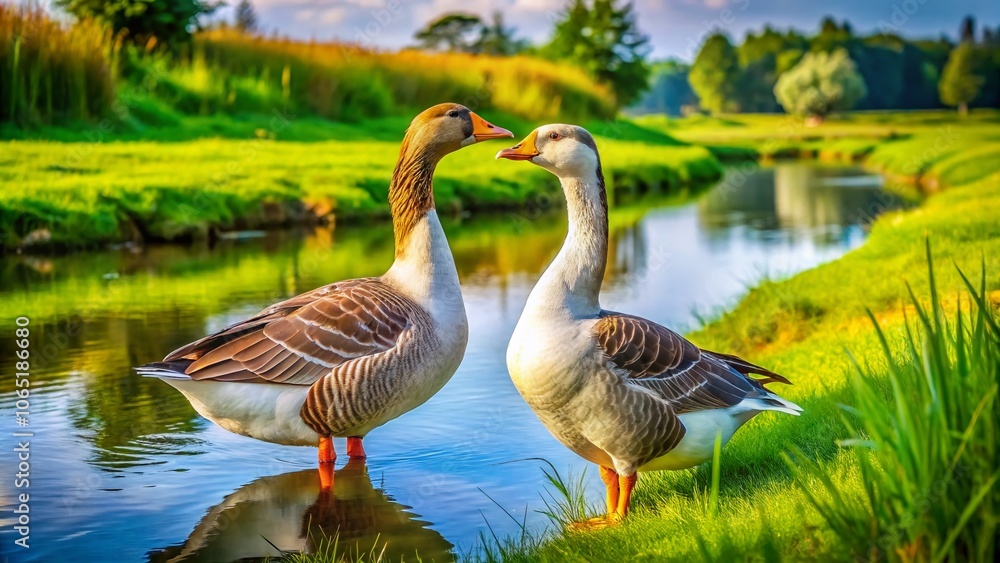 Obraz premium Embden geese graze on riverbank grass, a tranquil Chinese scene.