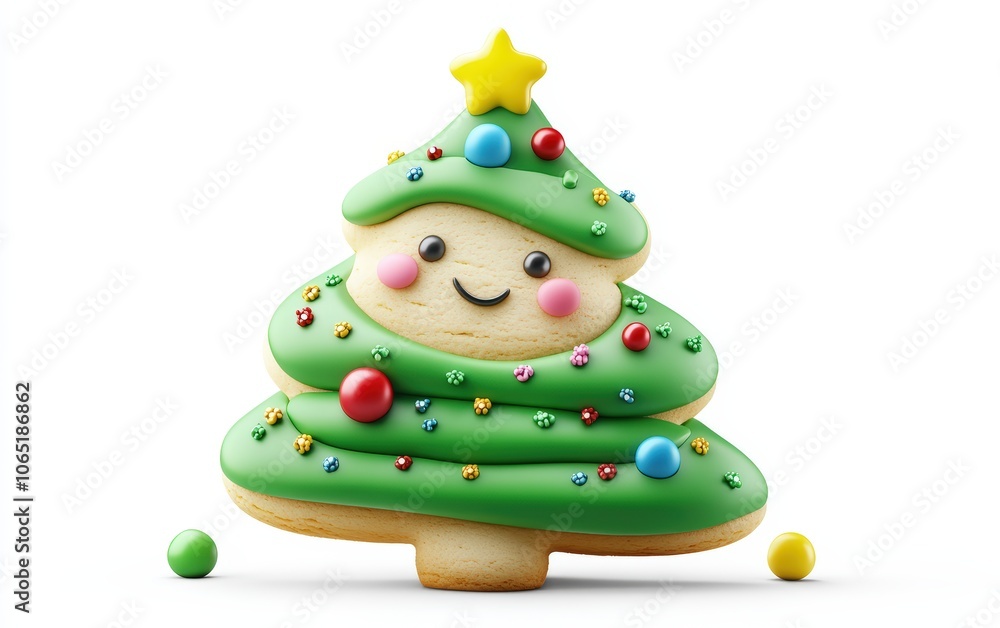 Fototapeta premium 3D Christmas tree cookie character with green frosting, colorful sprinkle ornaments, and a cheerful expression, bright and festive on a white background