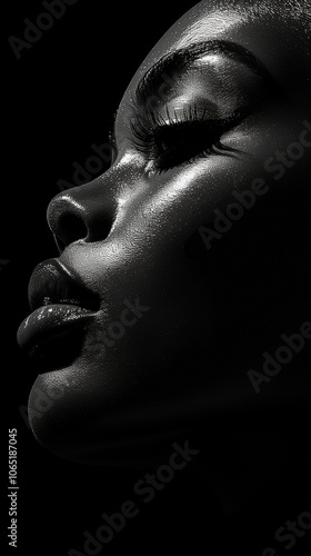 Close-up black and white profile view of a woman's face. 
The woman's face is highlighted with a textured, almost glittery, effect, particularly noticeable around the eyes and cheeks
