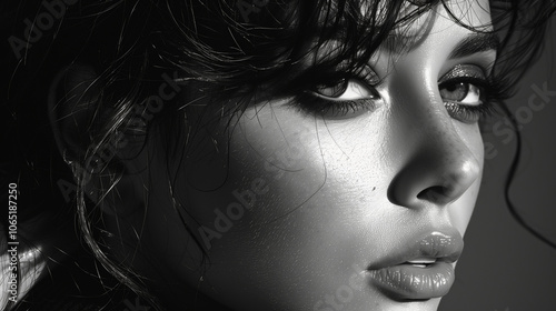 Close-up black and white portrait of a woman. 