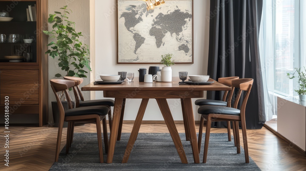 Obraz premium Modern Dining Room with Stylish Furniture and World Map Art