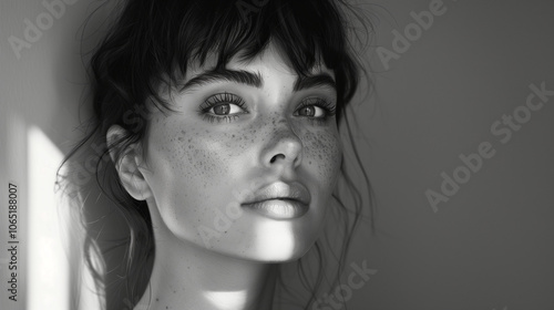 Close-up black and white portrait of a woman. Slightly thoughtful expression. 