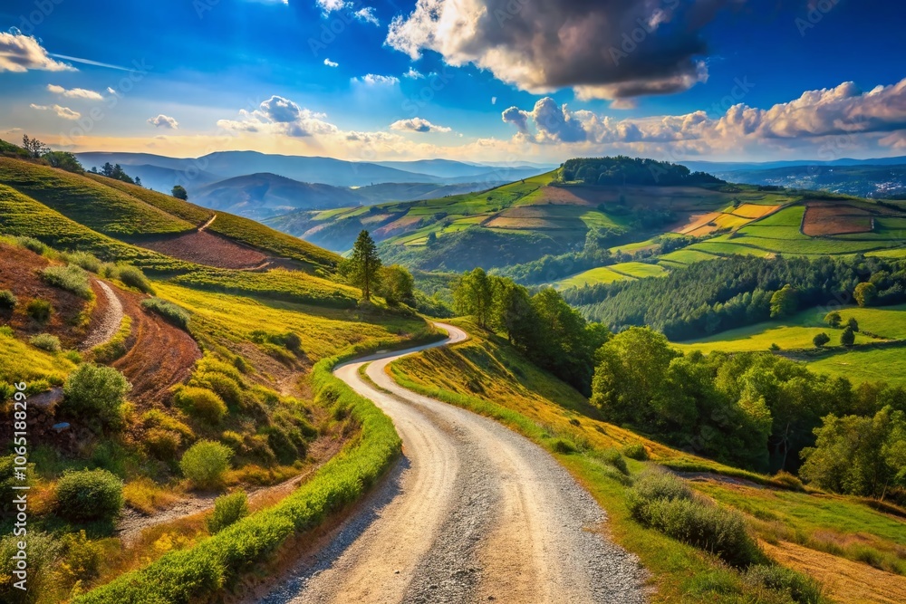Fototapeta premium Fafe's gravel road unfolds, a picturesque panorama of Portugal's scenic landscape.